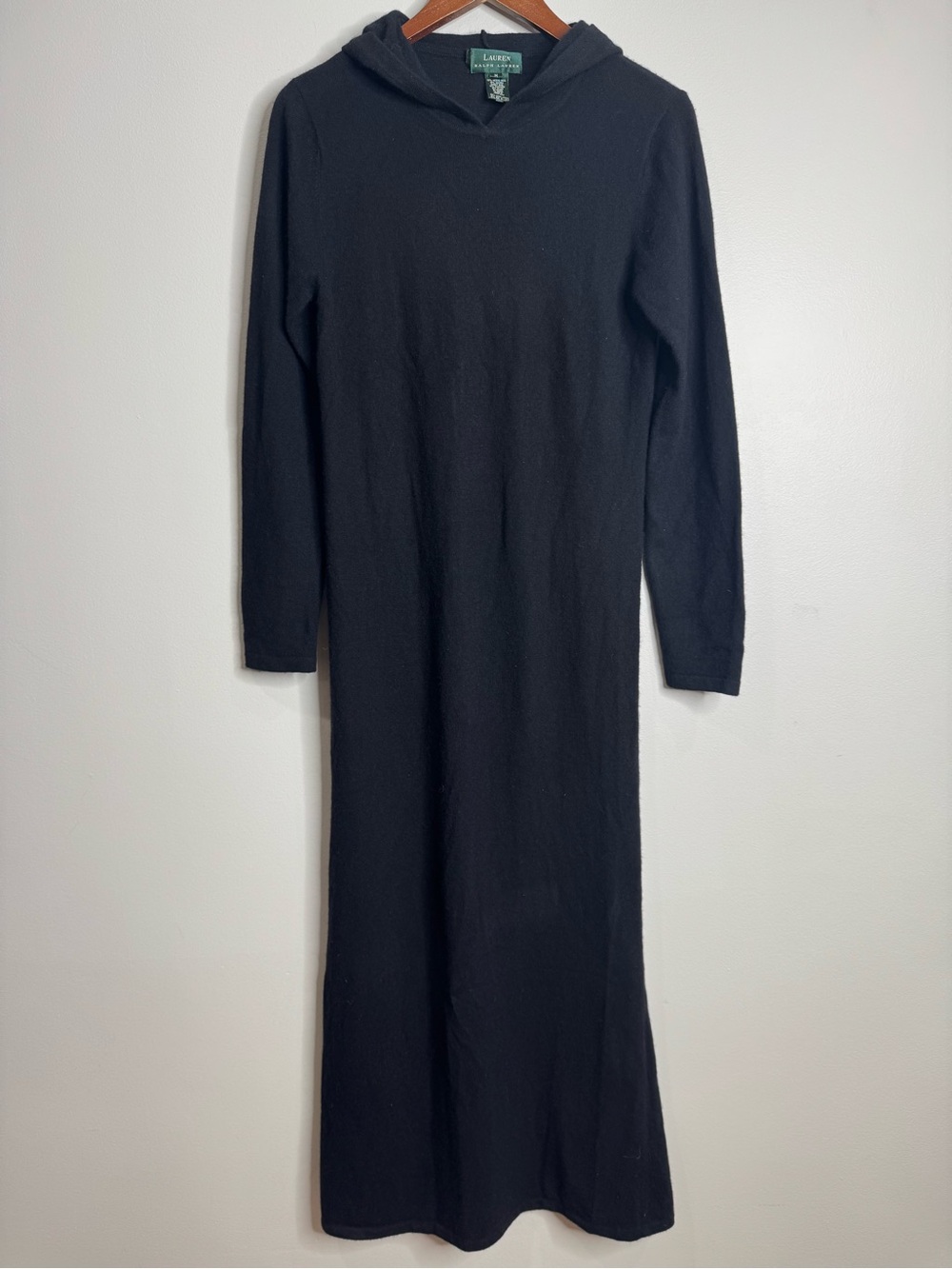 Lauren Ralph Lauren Black Wool Angora Cashmere Hooded Maxi Sweater Dress Medium